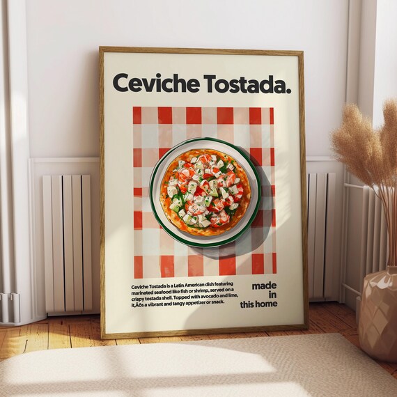 Ceviche Tostada Latin American Dish Illustrated Food Kitchen Art Poster