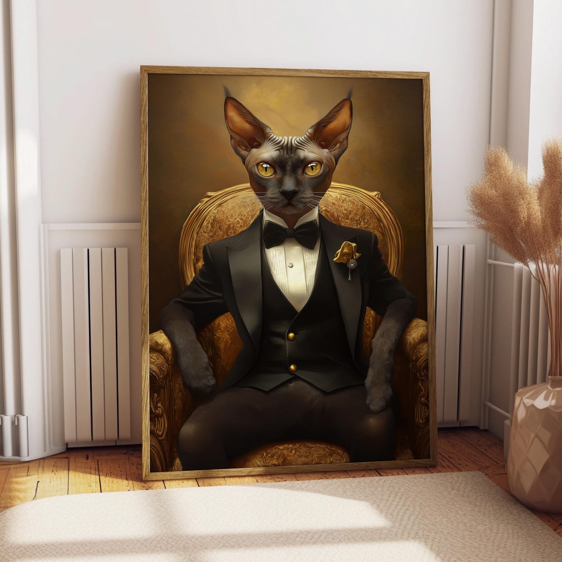 Sphynx Cat Tuxedo Bow Tie Gold Throne Elegant Pet Portrait Poster