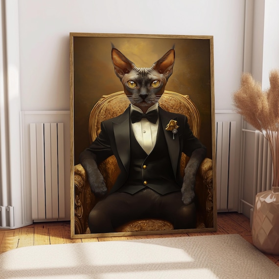 Sphynx Cat Tuxedo Bow Tie Gold Throne Elegant Pet Portrait Poster