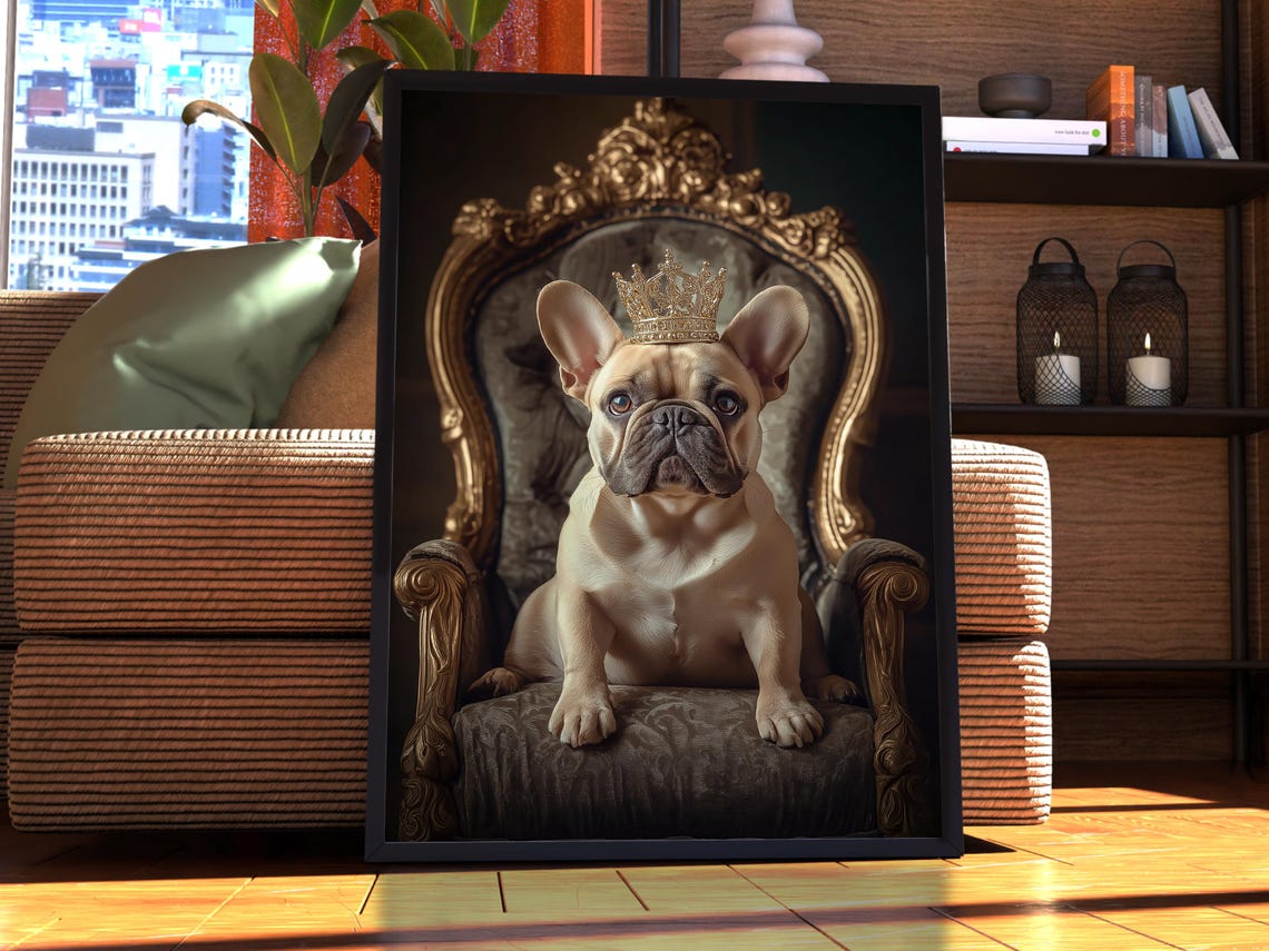 French Bulldog Wearing Crown on Royal Throne Funny Pet Poster