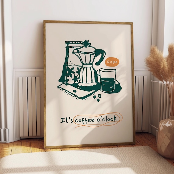 Coffee O Clock Moka Pot Funny Kitchen Decor Gift for Caffeine Lover Poster