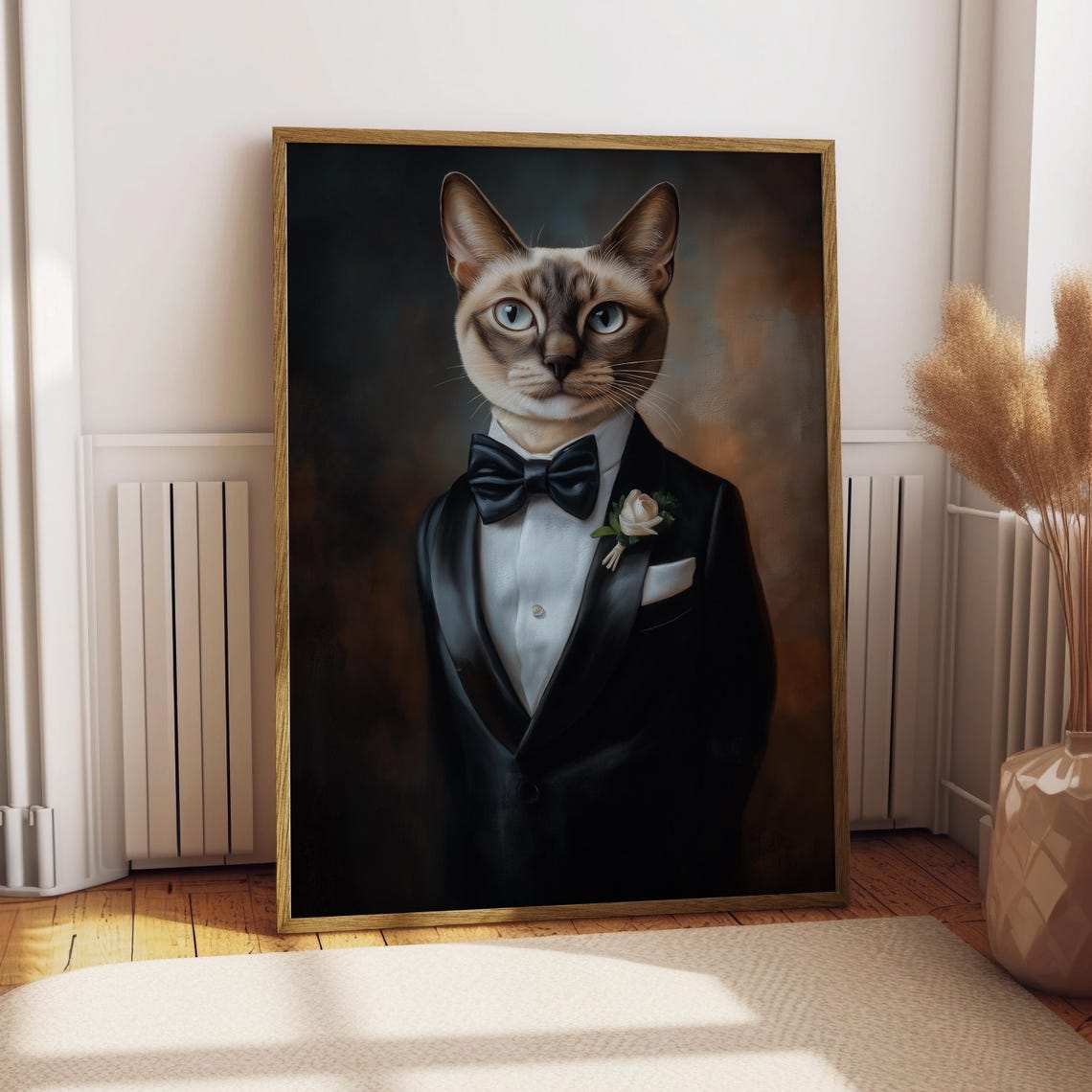 Siamese Cat in Black Tuxedo Portrait Print Bow Tie Boutonniere Pet Art