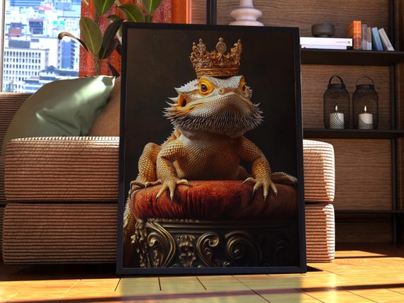 Bearded Dragon Royal Crowned Reptile King Portrait Poster Wall Decor