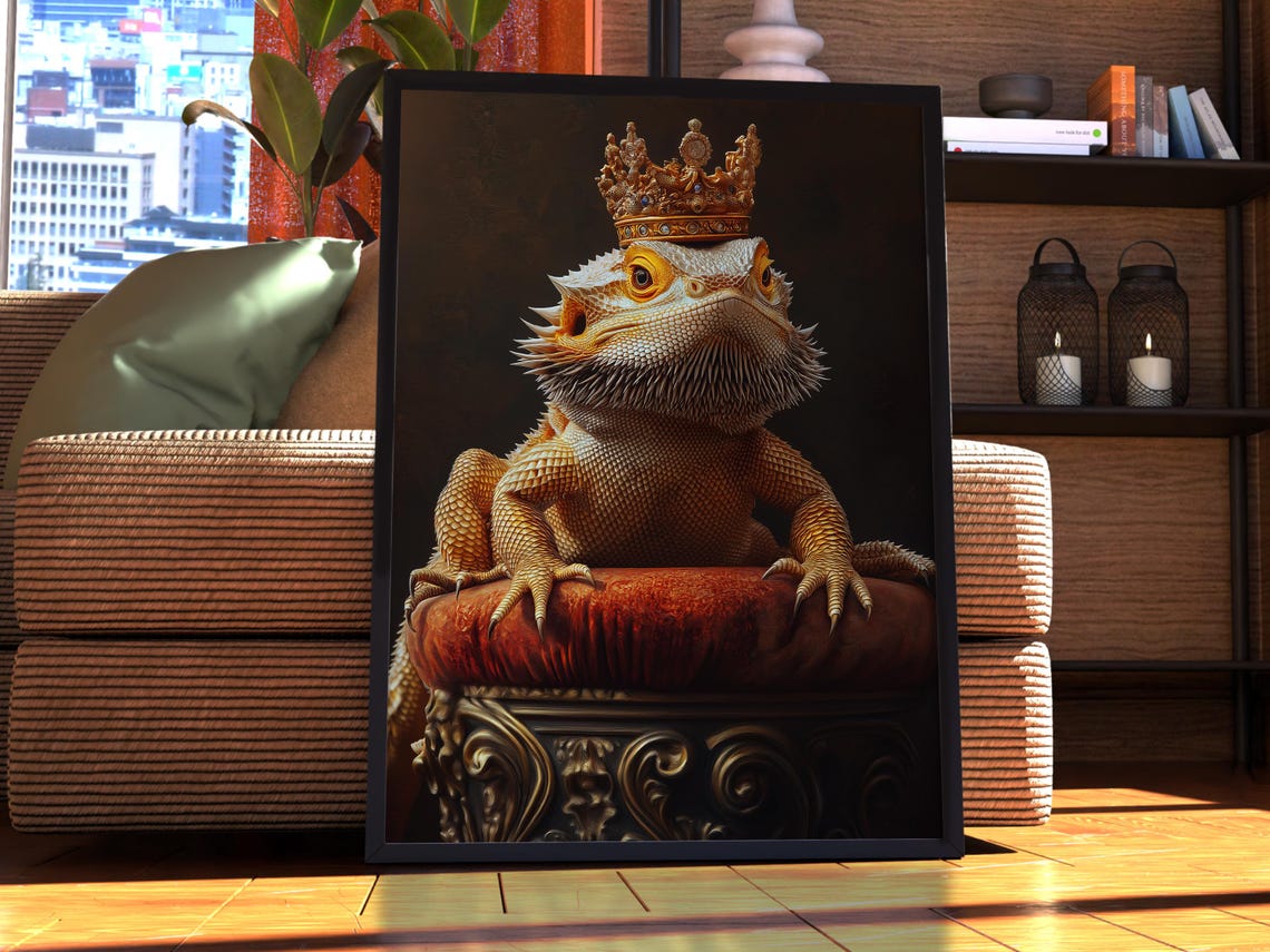 Bearded Dragon Royal Crowned Reptile King Portrait Poster Wall Decor