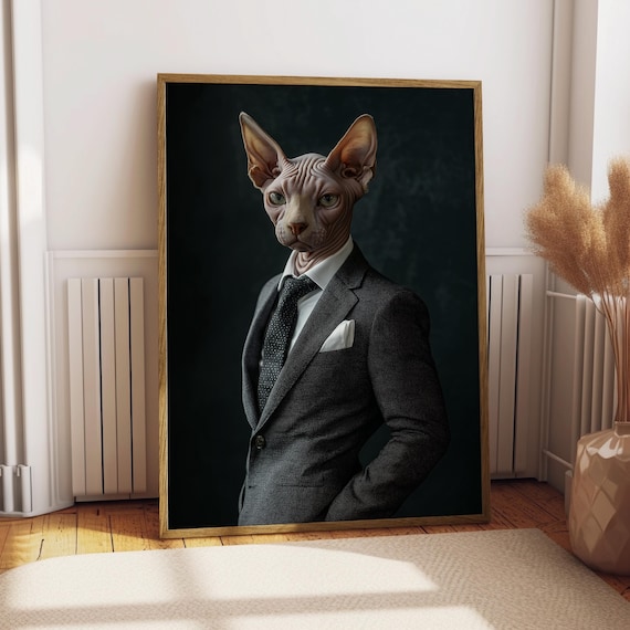 Sphynx Cat Suit Portrait Poster Hairless Cat Businessman Dapper Pet Gift Art