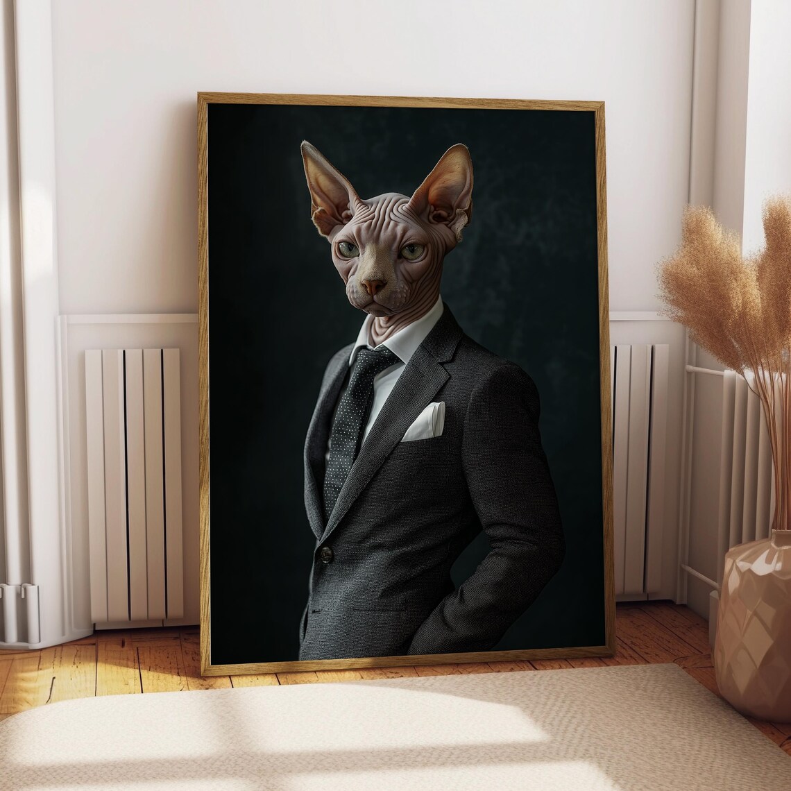 Sphynx Cat Suit Portrait Poster Hairless Cat Businessman Dapper Pet Gift Art