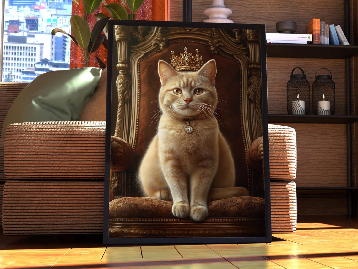European Shorthair Cat Royal Portrait Poster Crowned Golden Tabby Art
