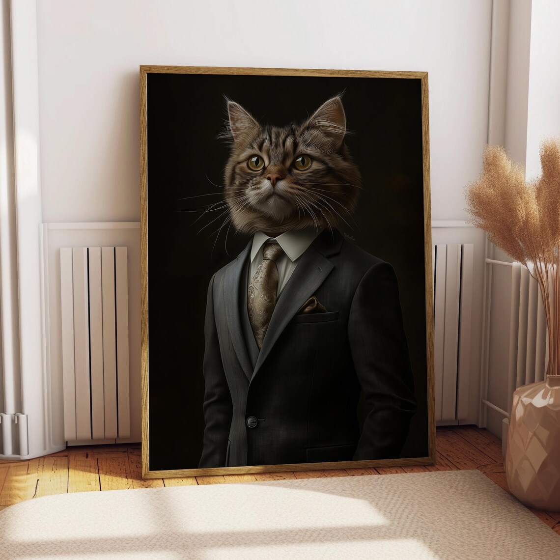 Tabby Cat Gentleman in a Dark Suit Elegant Formal Pet Portrait Wall Art