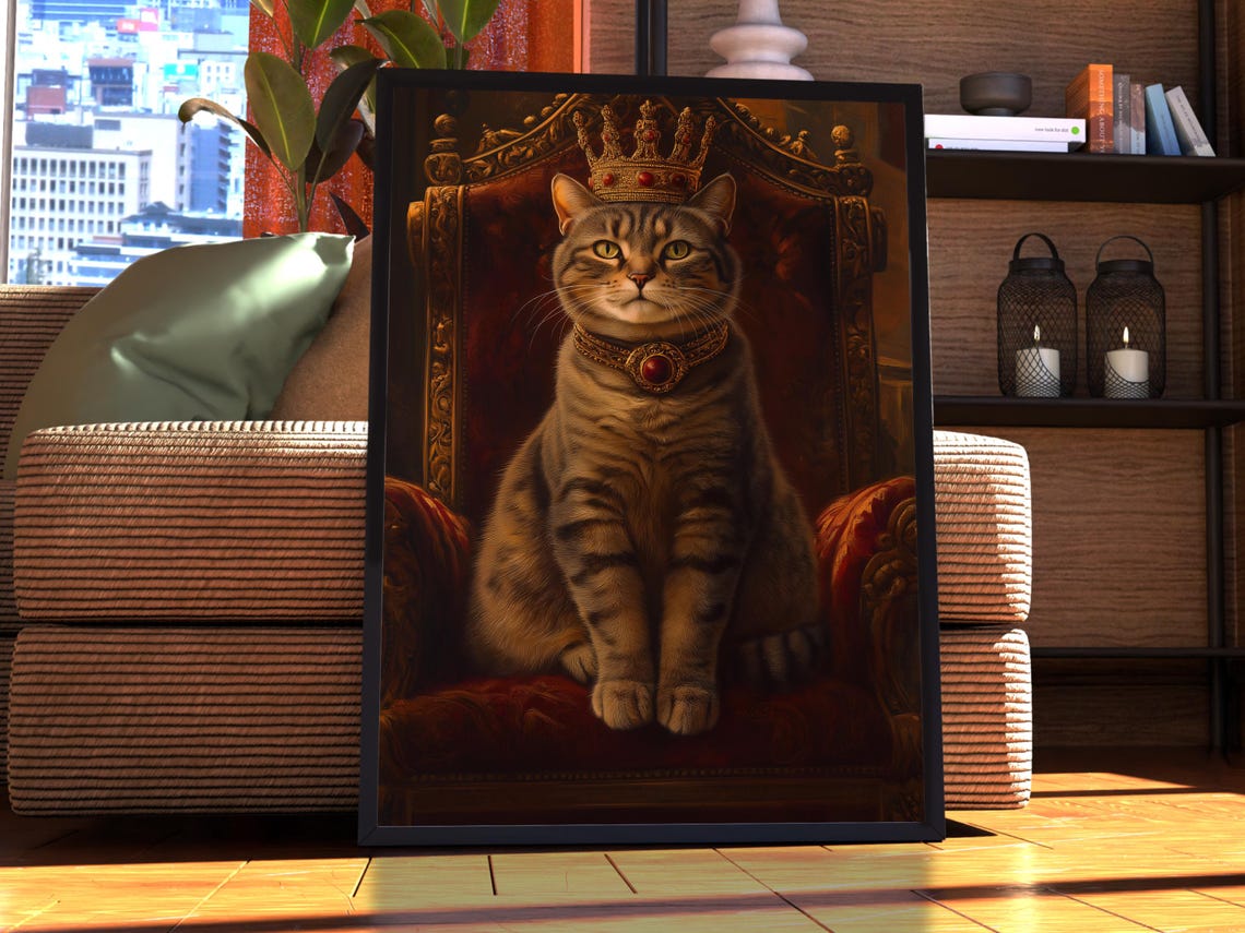 Crowned Tabby Cat Sitting on a Royal Throne Portrait Wall Art