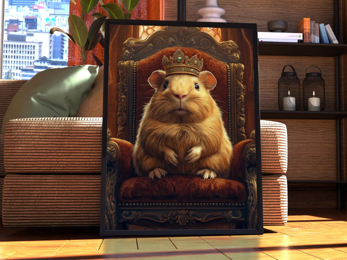 Cute Guinea Pig Royal Portrait Crowned King on Red Throne Poster