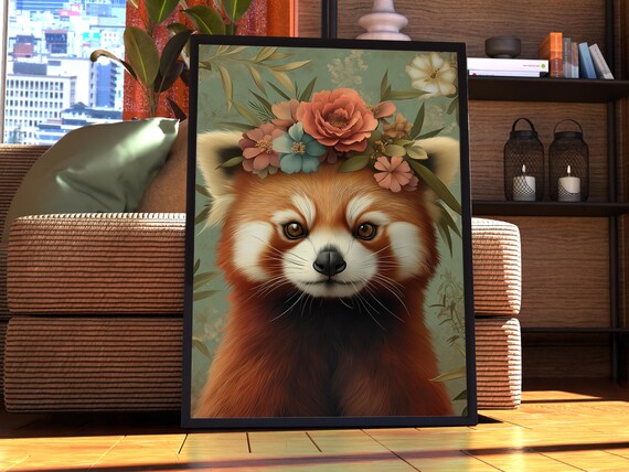 Maximalist Red Panda Poster Floral Animal Print Wall Art Portrait Vintage Funky Colourful