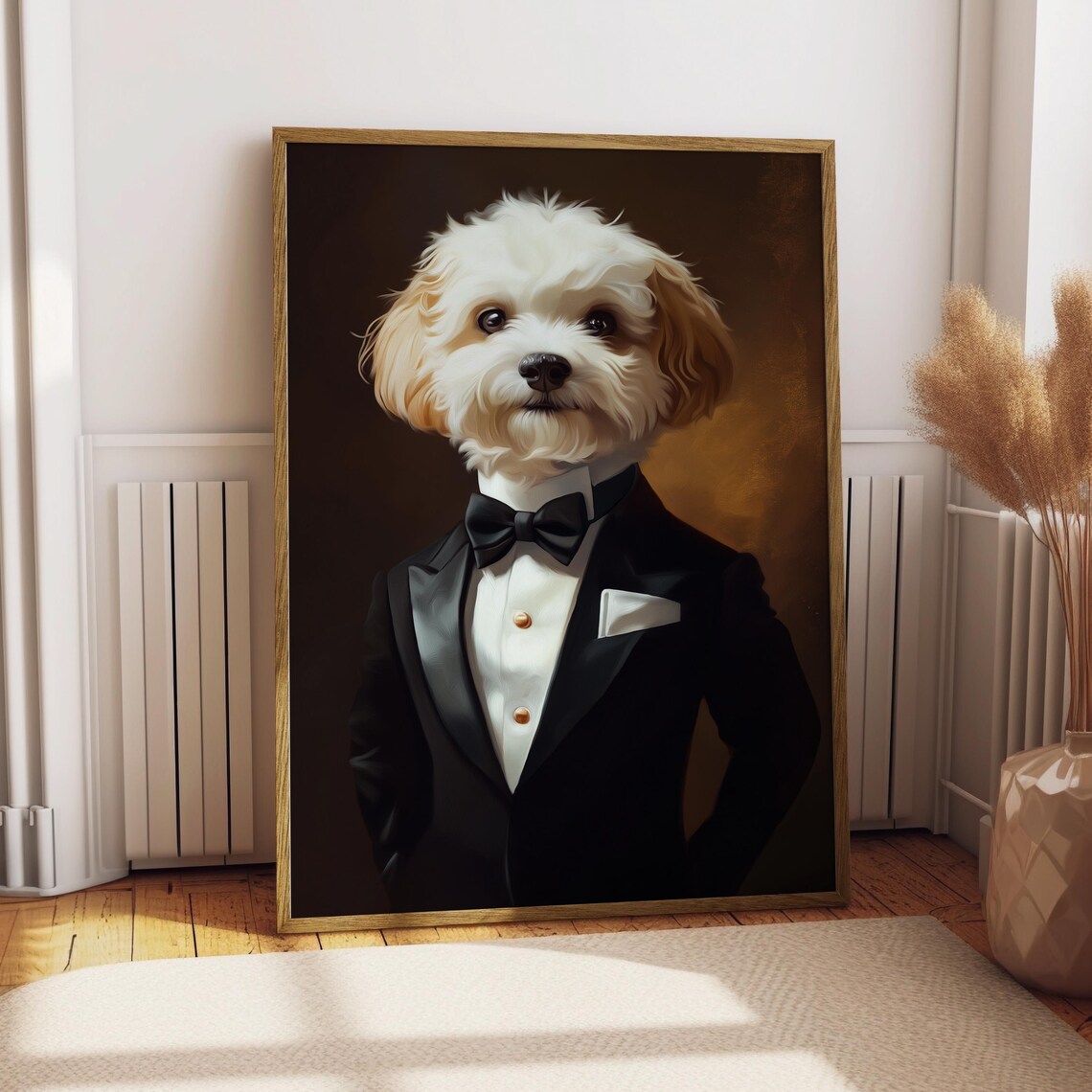 Small Fluffy White Dog in Black Tuxedo Funny Pet Portrait Poster