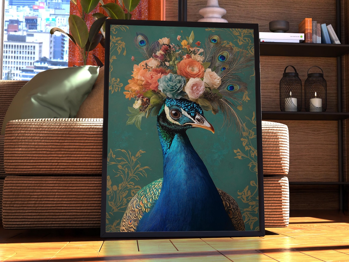 Maximalist Peacock Poster, Vintage Floral Bird Art