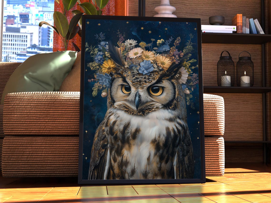Great Horned Owl Wearing Flower Crown Starry Night Portrait Poster