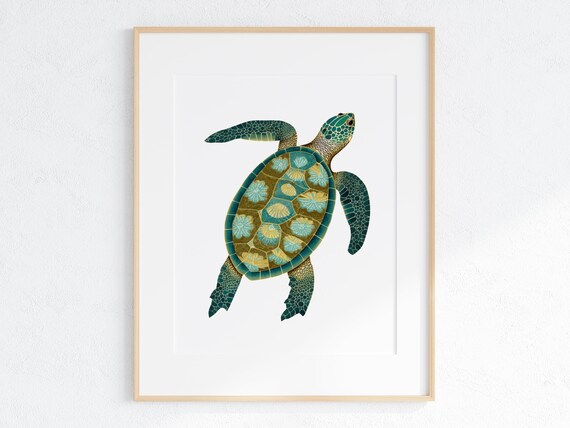 Sea Turtle with Decorative Mosaic Shell Botanical Illustration Poster