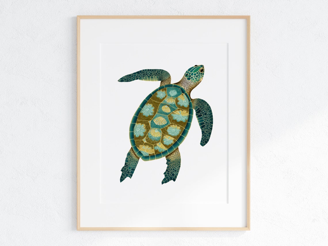 Sea Turtle with Decorative Mosaic Shell Botanical Illustration Poster
