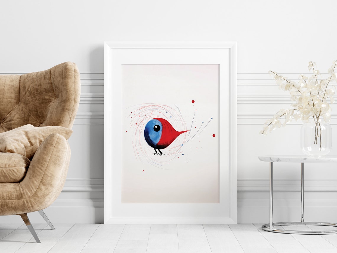 Abstract Red and Blue Round Bird in Swirling Lines Minimalist Poster - Image 5