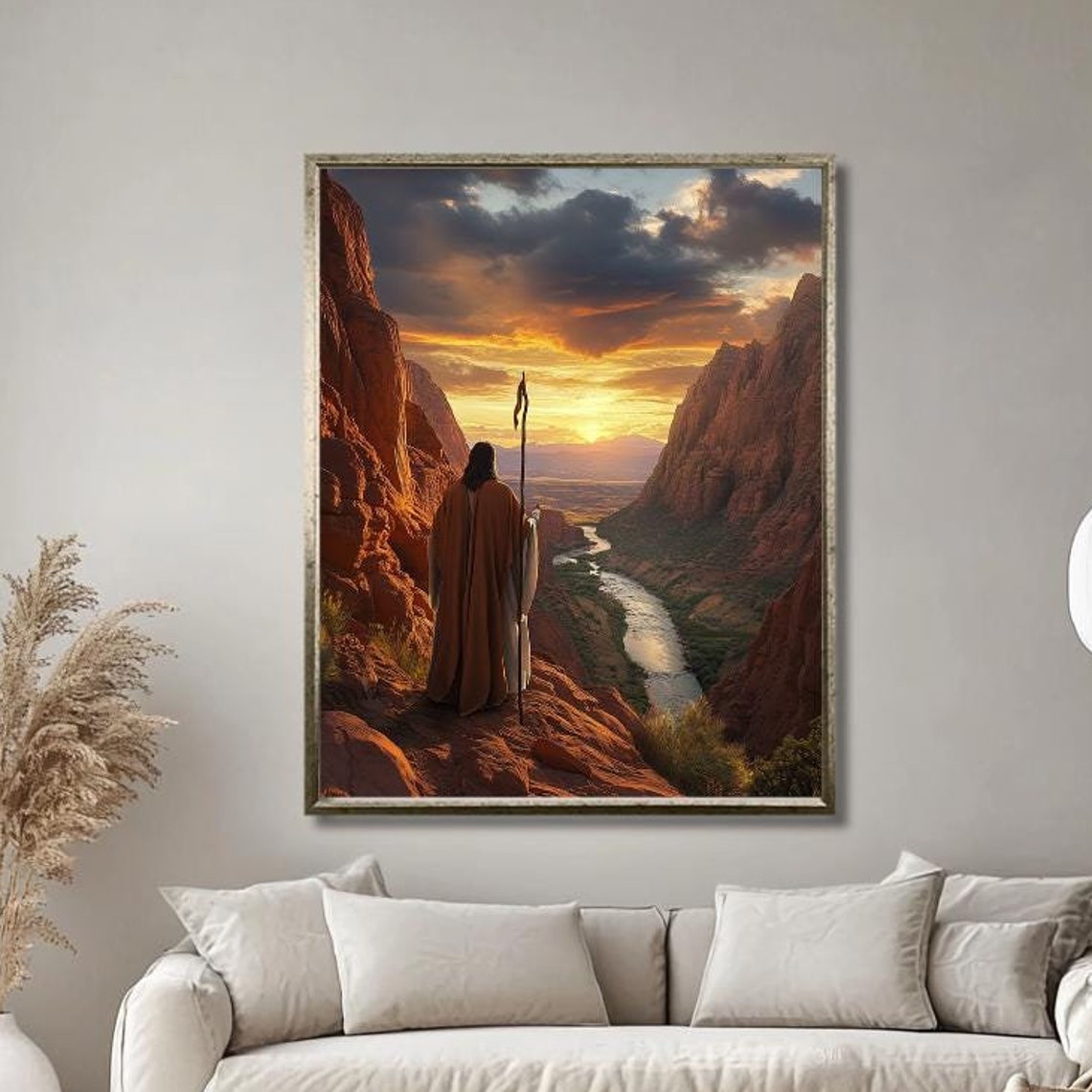 Jesus Overlooking River Canyon at Sunset With Walking Staff Poster