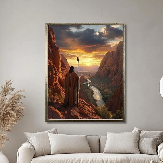 Jesus Overlooking River Canyon at Sunset With Walking Staff Poster