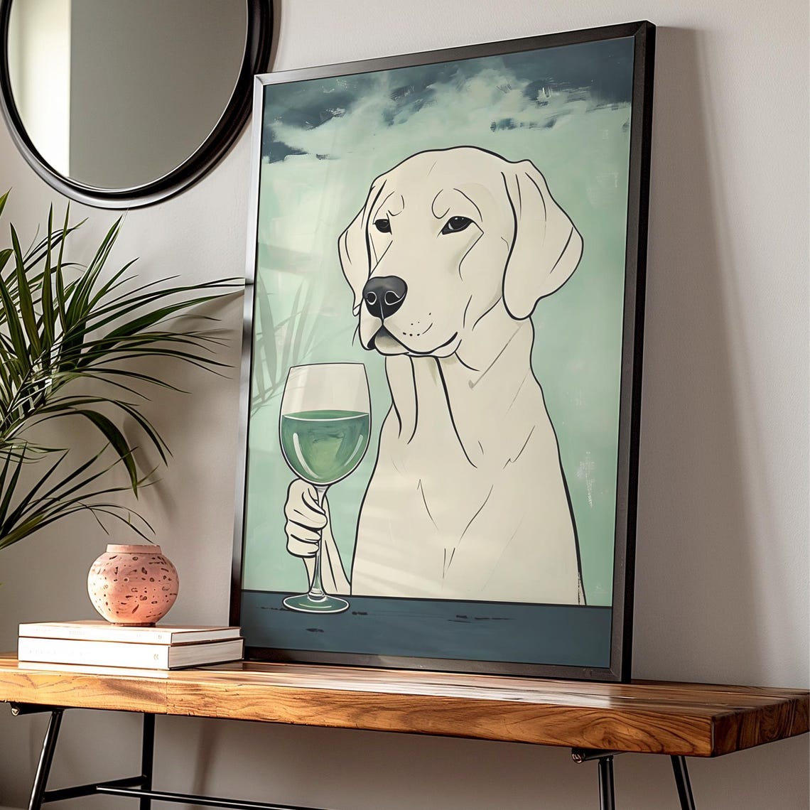 White Dog Holding Wine Glass Green Painted Funny Pet Art Poster - Image 3