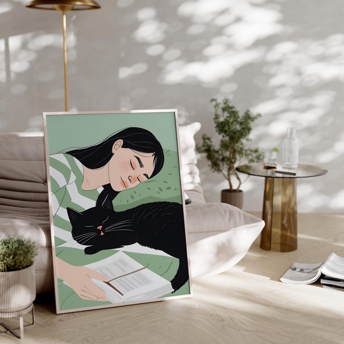 Girl Sleeping With Black Cat Green Japanese Retro Style Art Poster - Image 4