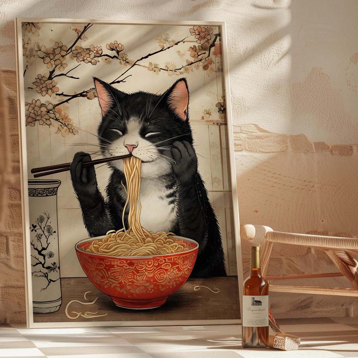 Black And White Cat Slurping Ramen Red Bowl Kawaii Art Poster - Image 4