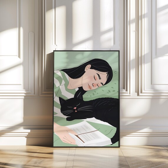 Girl Sleeping With Black Cat Green Japanese Retro Style Art Poster