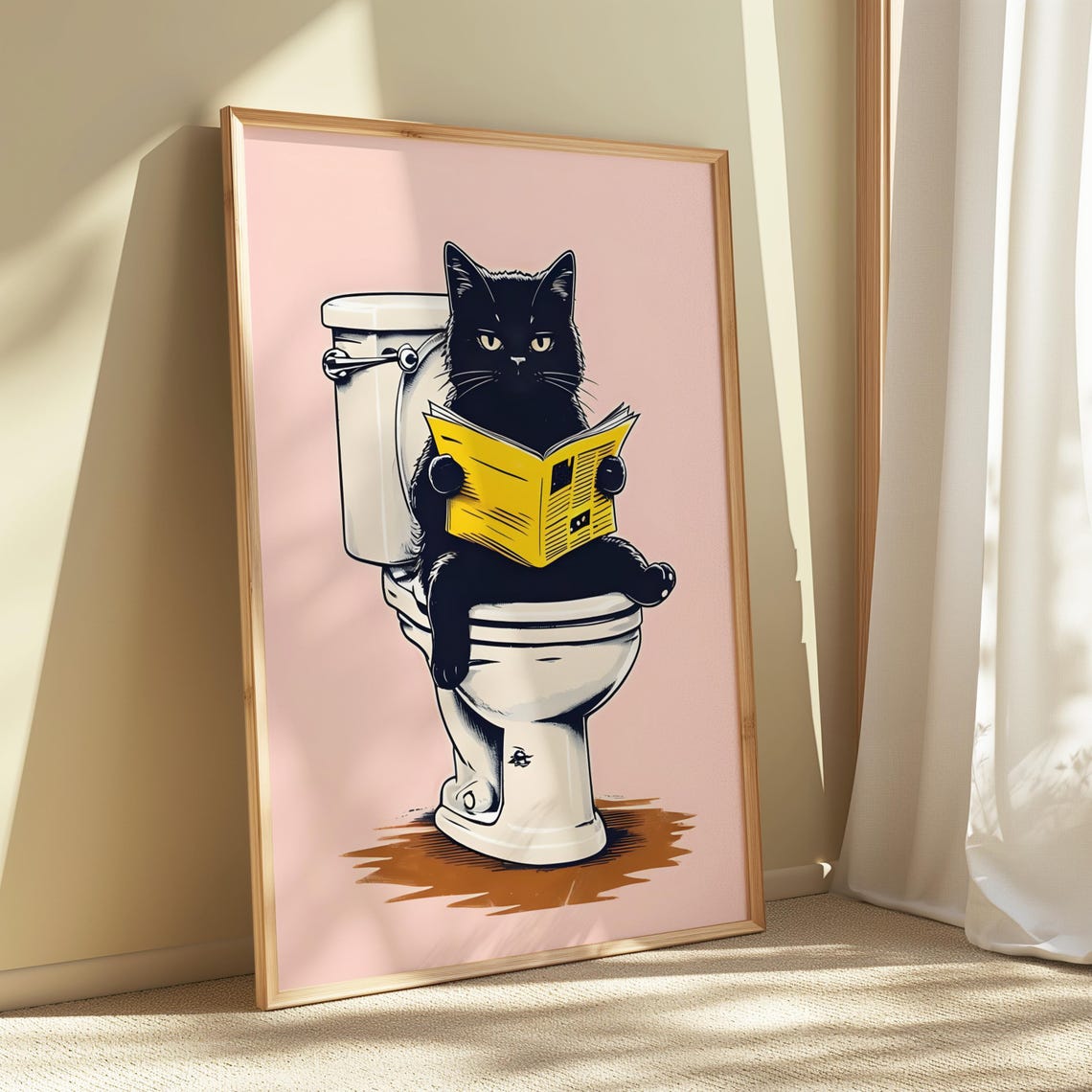 Funny Black Cat Reading Newspaper Sitting on Toilet Bathroom Poster - Image 2