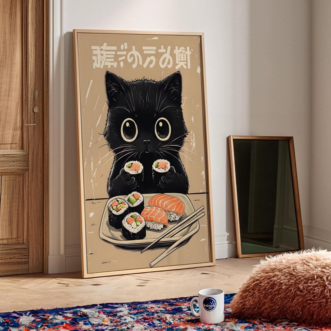 Black Kitten Eating Sushi Cute Kawaii Japanese Food Art Poster - Image 3