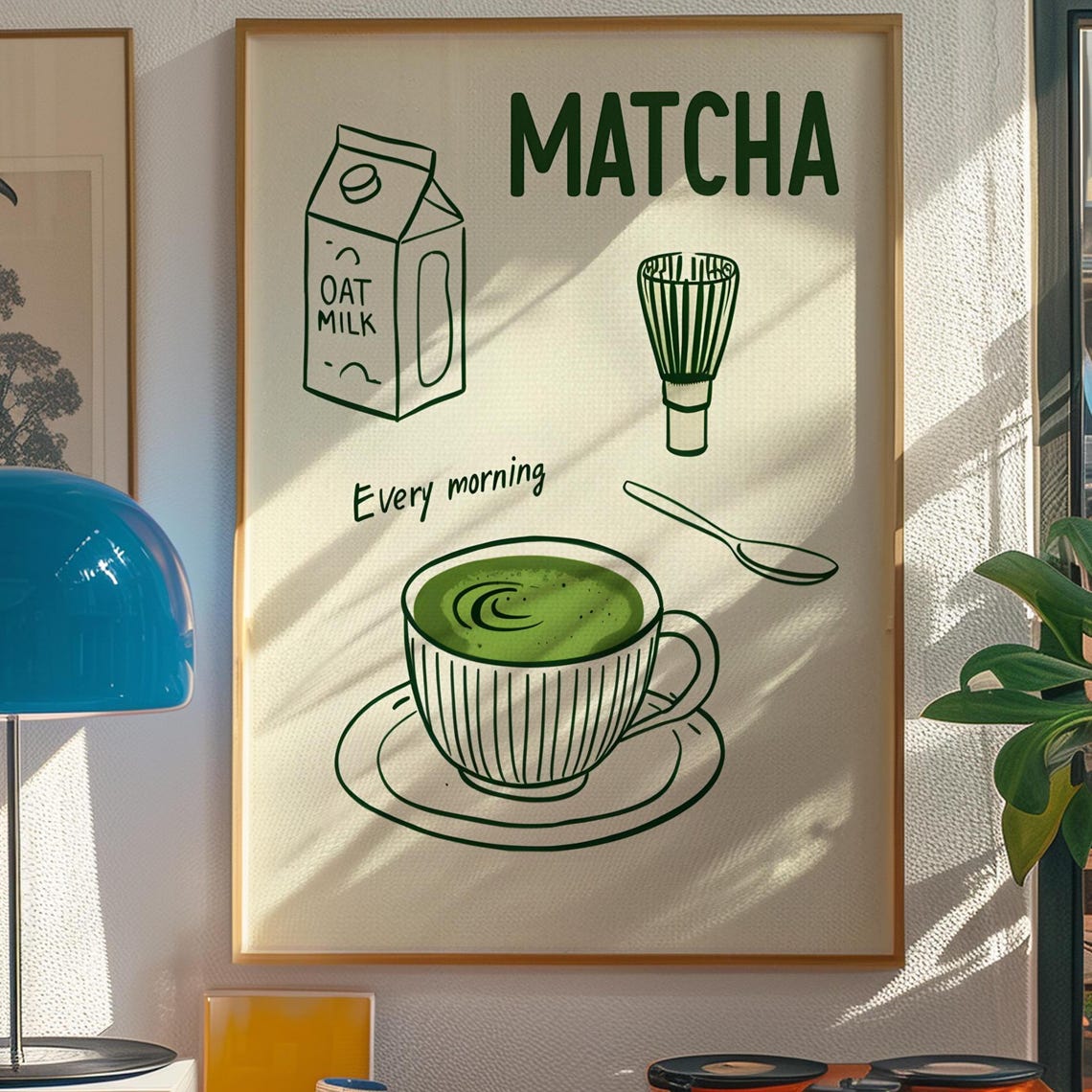 Matcha Every Morning Oat Milk Whisk Green Line Art Kitchen Poster - Image 3