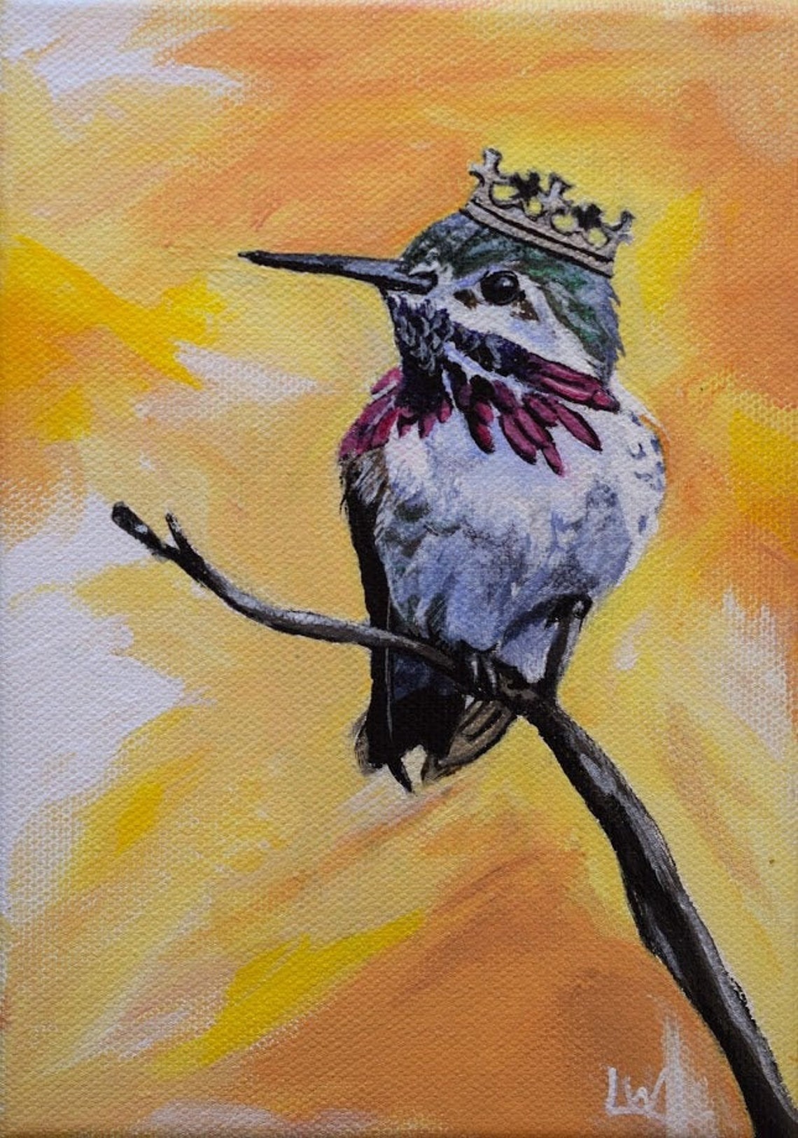 Royal Hummingbird Wearing a Tiny Crown Against Sunset Orange Poster