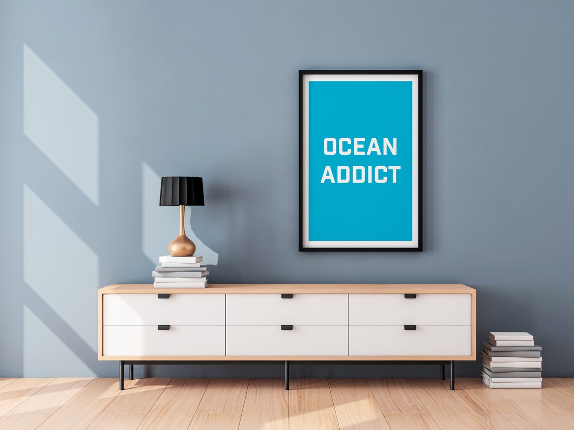 Ocean Addict Bold Beach Lover Typographic Quote Poster in Blue - Image 2