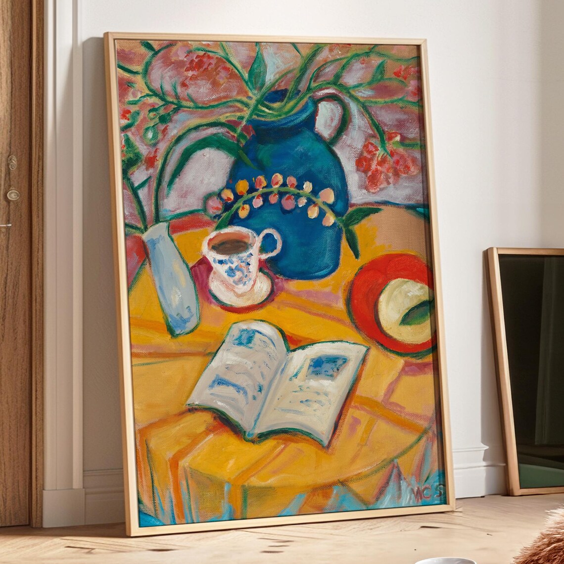 Cozy Cottage Still Life Blue Vase Flowers Coffee Book Wall Art