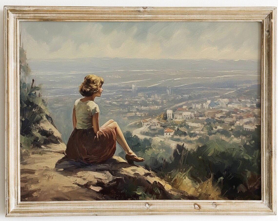 Woman Overlooking Town From Hilltop Vintage Oil Painting Travel Poster