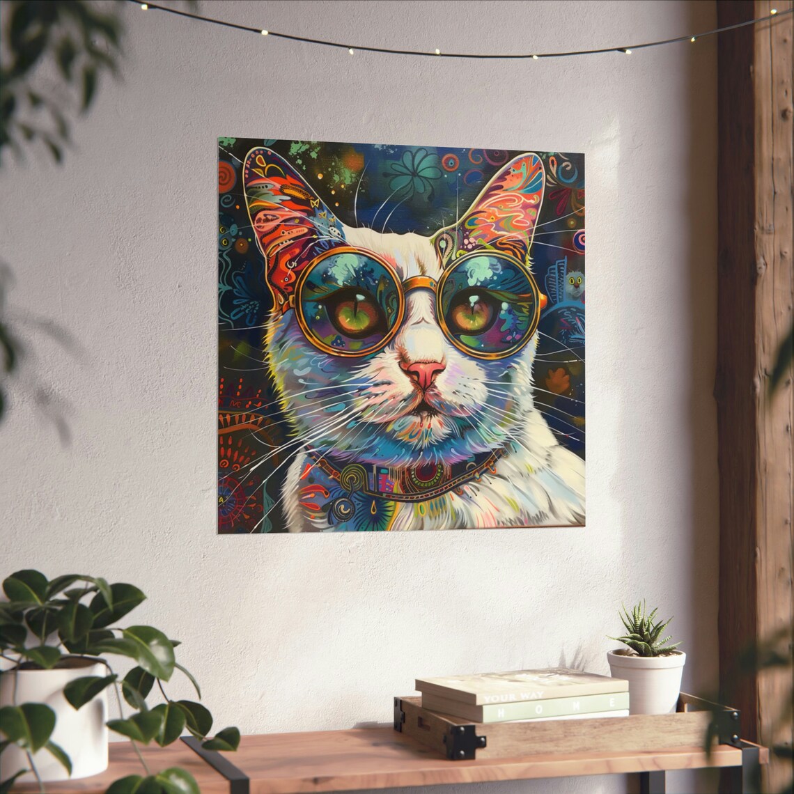 Hippie Kitty, Retro Trippy Cat Art Print