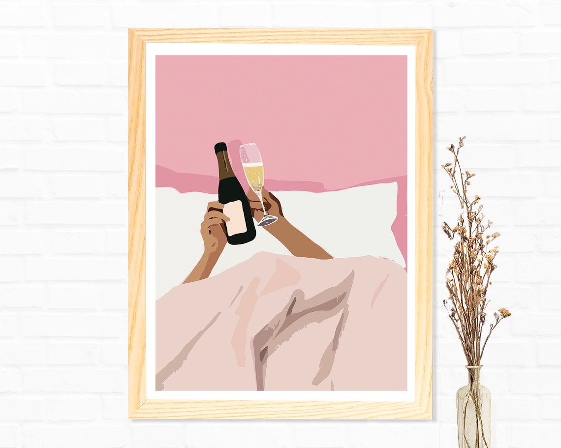 Champagne Bottle and Glass in Bed Pink Minimalist Art Poster