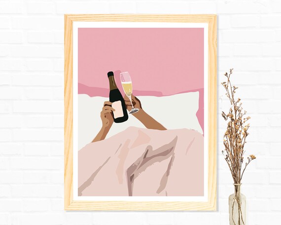 Champagne Bottle and Glass in Bed Pink Minimalist Art Poster