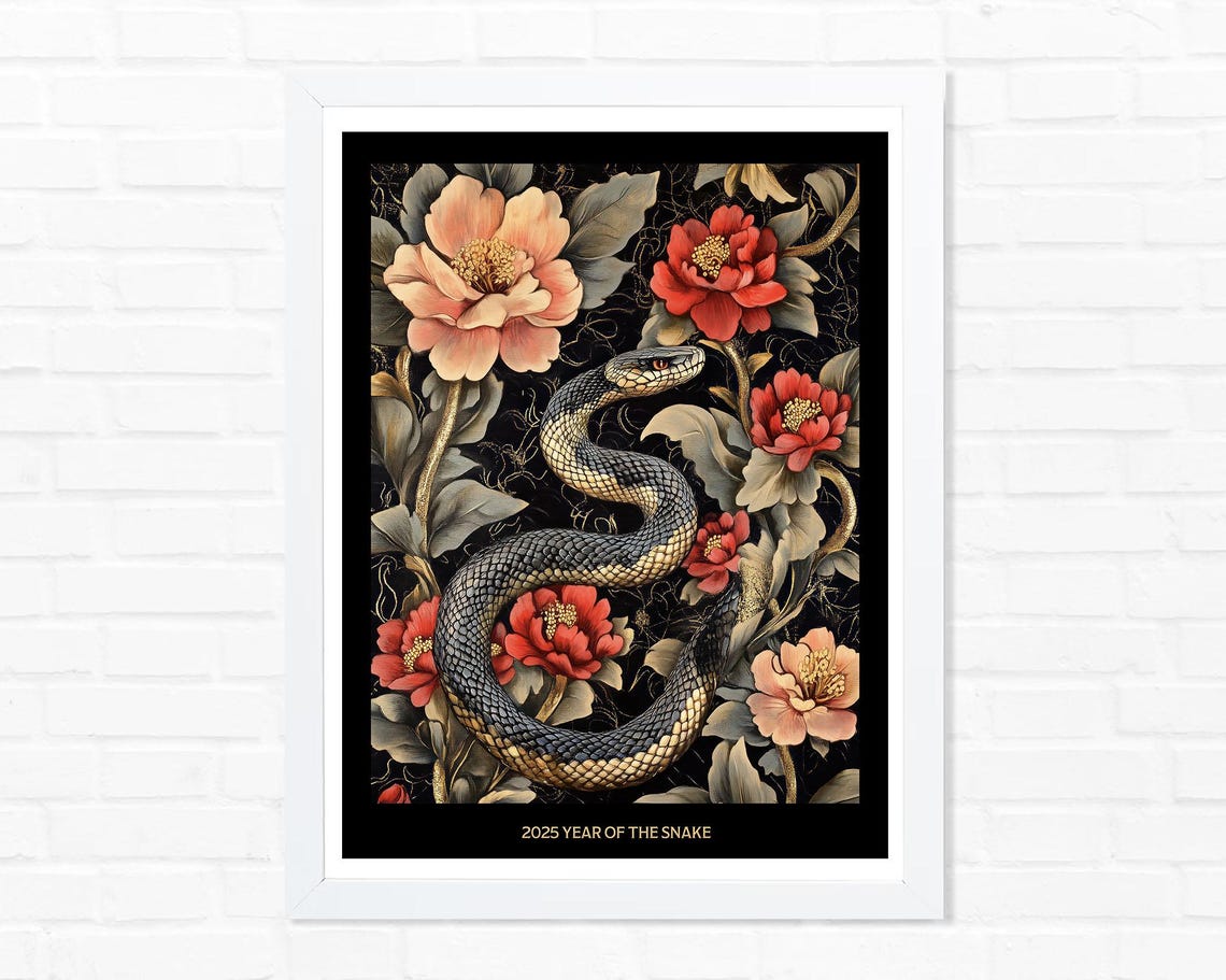 2025 Year of the Snake Dark Snake Peony Flowers Black Poster