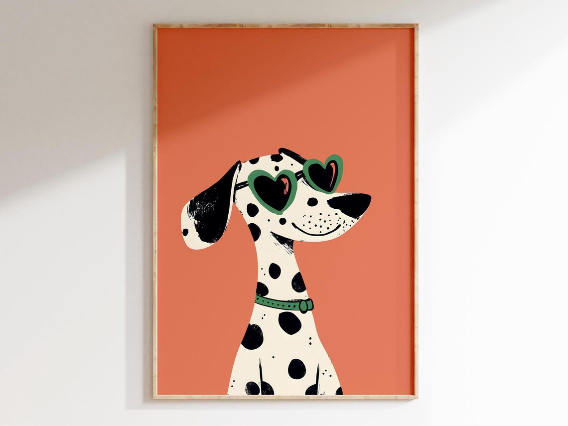 Dalmatian in Green Heart Sunglasses on Coral Cute Dog Nursery Poster