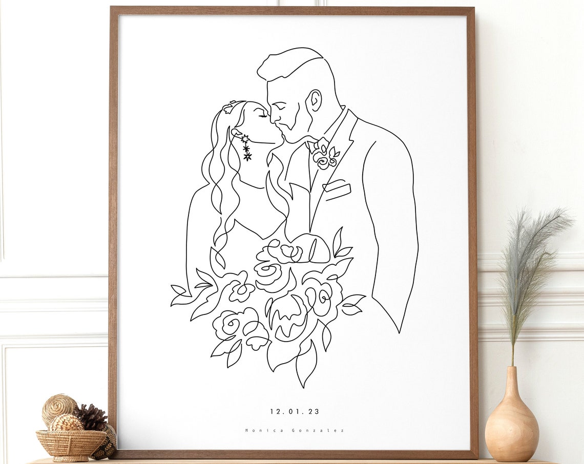 Custom Wedding Gift Wedding Couple Portrait Illustration Gift For Bride Engagement Gifts Single Line Drawing Wedding Keepsake Line Art