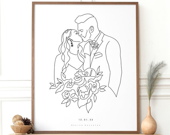 Custom Wedding Gift Wedding Couple Portrait Illustration Gift For Bride Engagement Gifts Single Line Drawing Wedding Keepsake Line Art