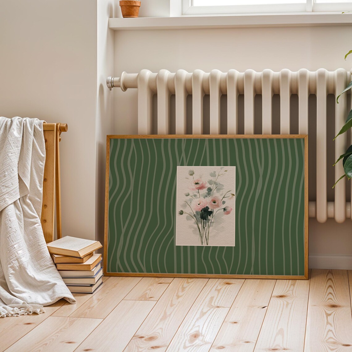 Pink Watercolor Flower Bouquet on Green Striped Modern Wall Art