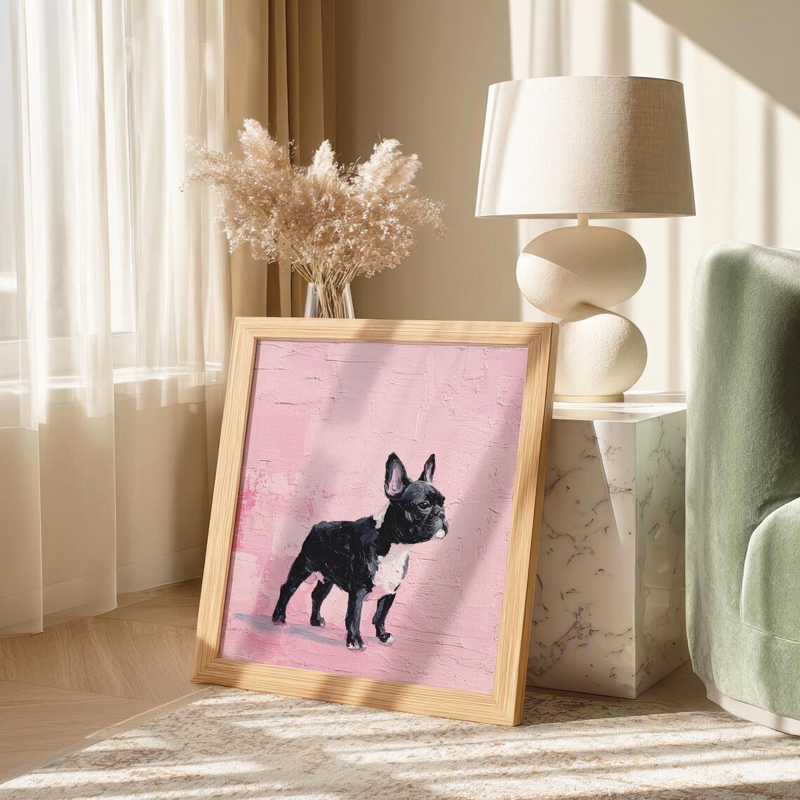 Cute French Bulldog Puppy on Pink Textured Modern Painting Print