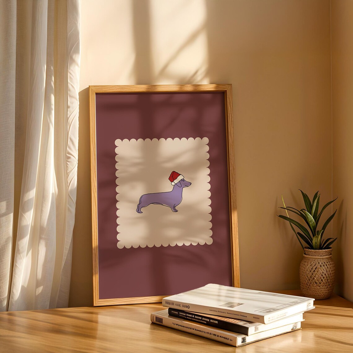 Plum Purple Dachshund Santa Hat Christmas Dog Holiday Art Poster