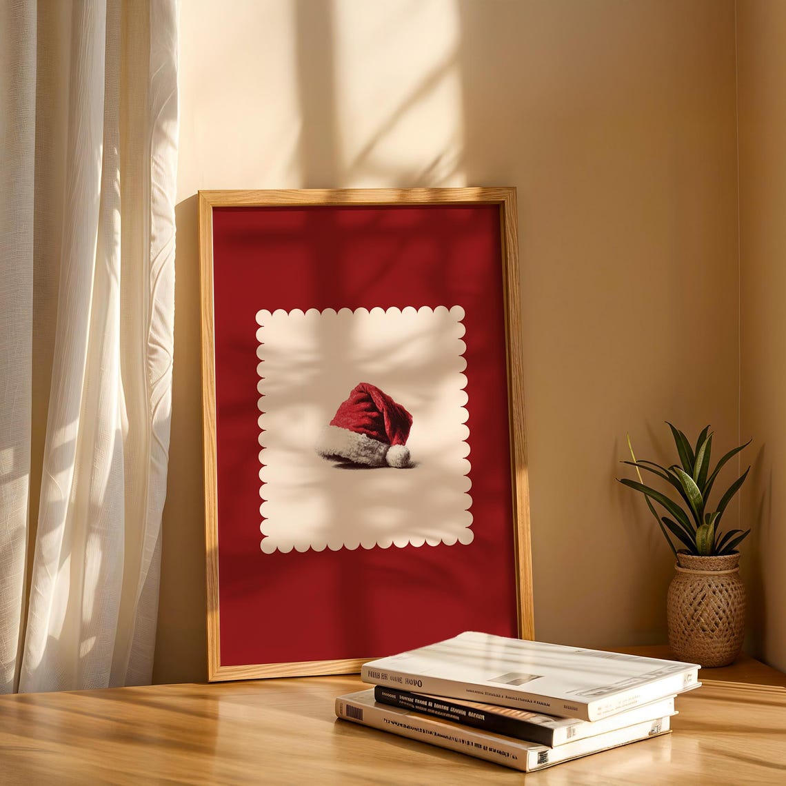 Scarlet Red Santa Hat Minimalist Christmas Holiday Decor Art Print