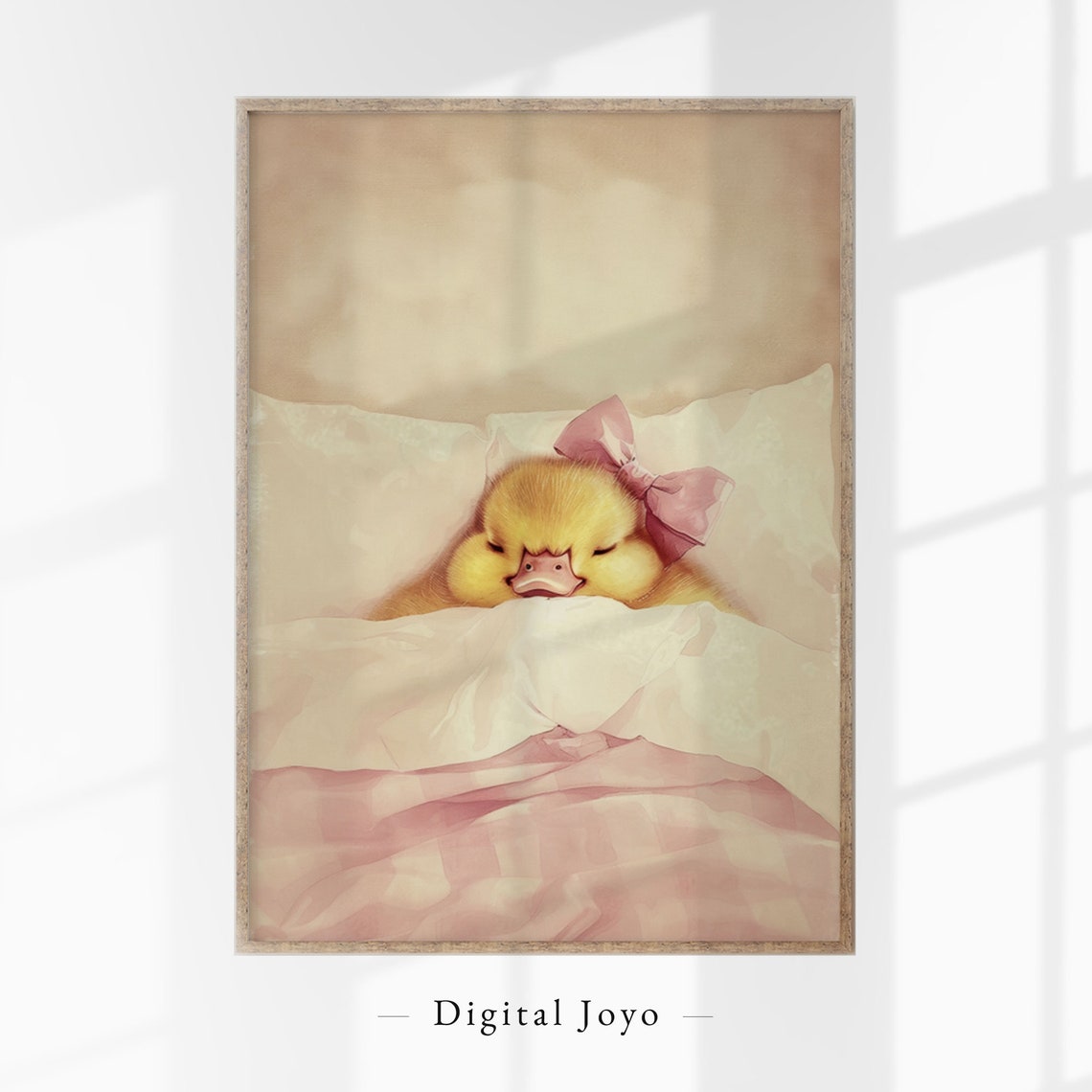Sleeping Duckling With Pink Bow Print Cozy Bed Nursery Watercolor Art
