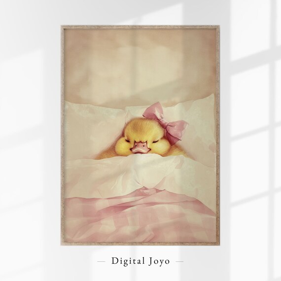 Sleeping Duckling With Pink Bow Print Cozy Bed Nursery Watercolor Art