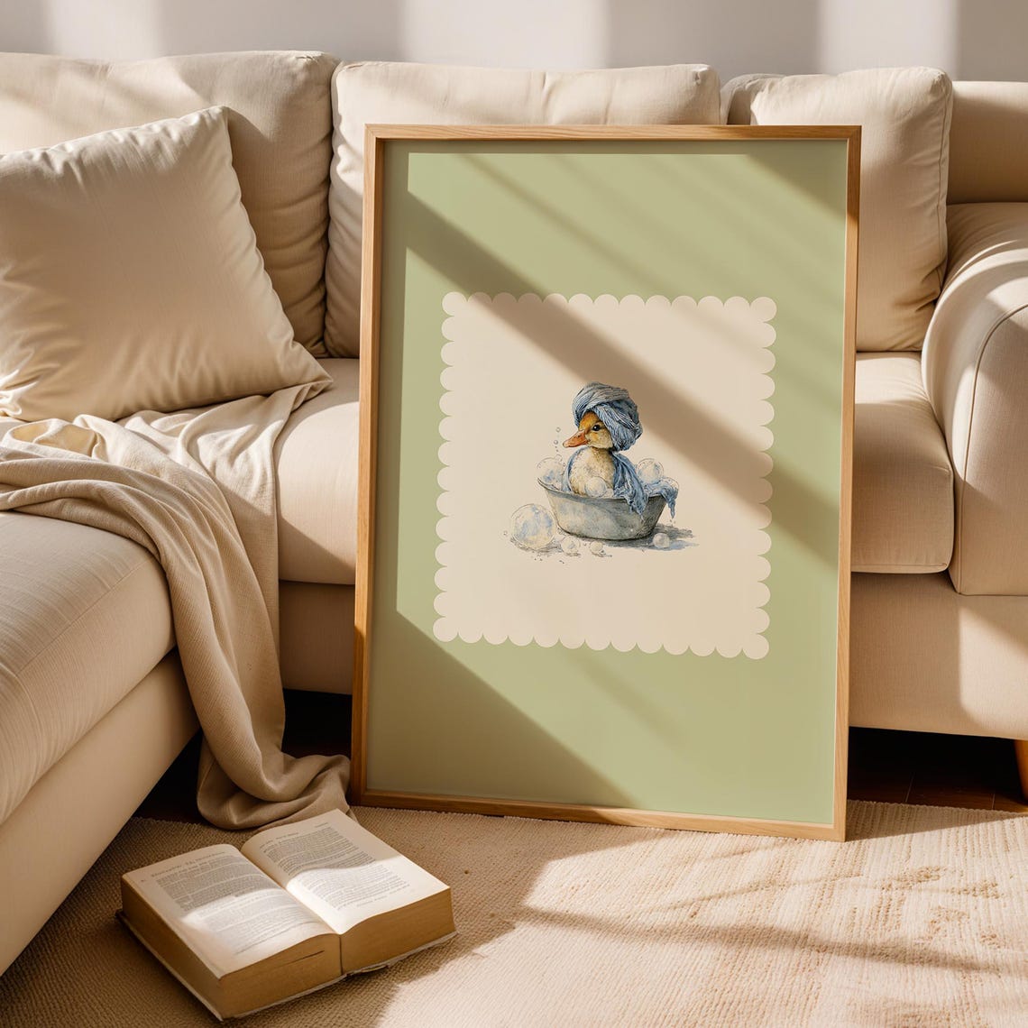 Cute Duckling Bubble Bath Watercolor Print Sage Green Nursery Decor
