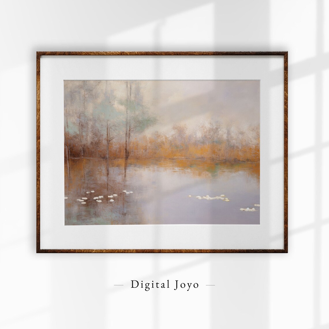 Vintage Misty Lake Lily Pads Autumn Tones Farmhouse Oil Painting Print