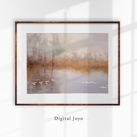 Vintage Lake Oil Painting Modern Farmhouse Landscape